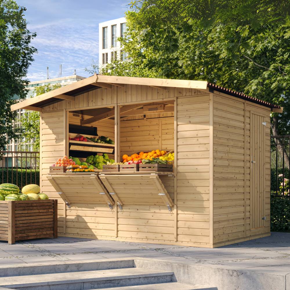 Timbela - Maison de jardin en bois H232x336x263 cm / 6m² - Étal de marché en bois avec comptoir - Bar jardin - 17 mm d’épaisseur - Timbela M150 - Image 1