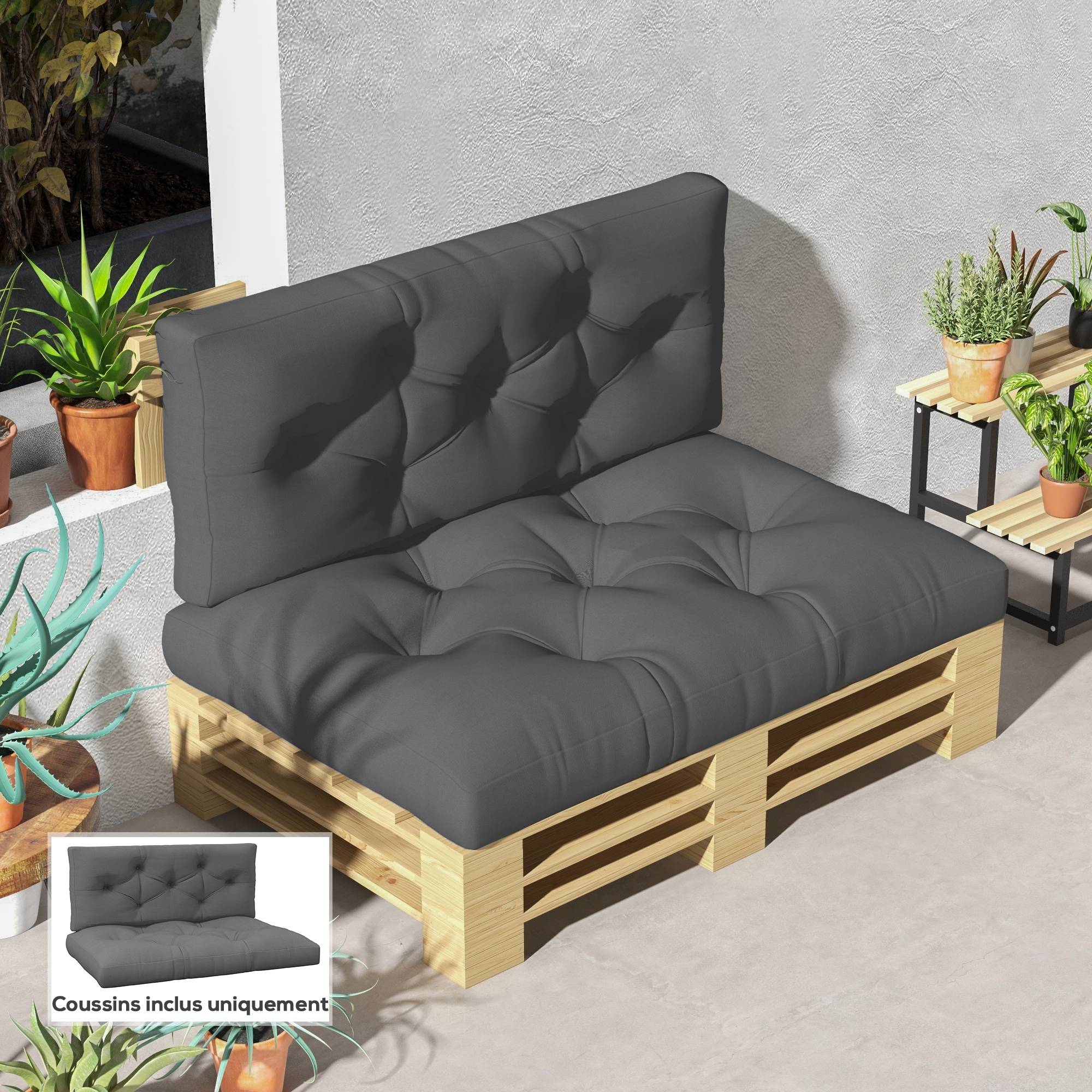 Coussins palette 2 places polyester jardin extérieur assise dossier 120x80 cm gris - ComfortXL Outdoor Living - Image 3