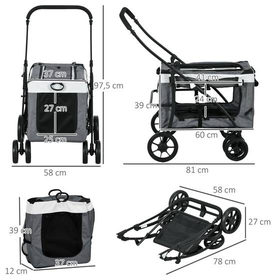 Sans Marque - Poussette pliable animaux chien chat nacelle amovible bandoulières 4 roues 81x58x97,5 cm gris - Image 5