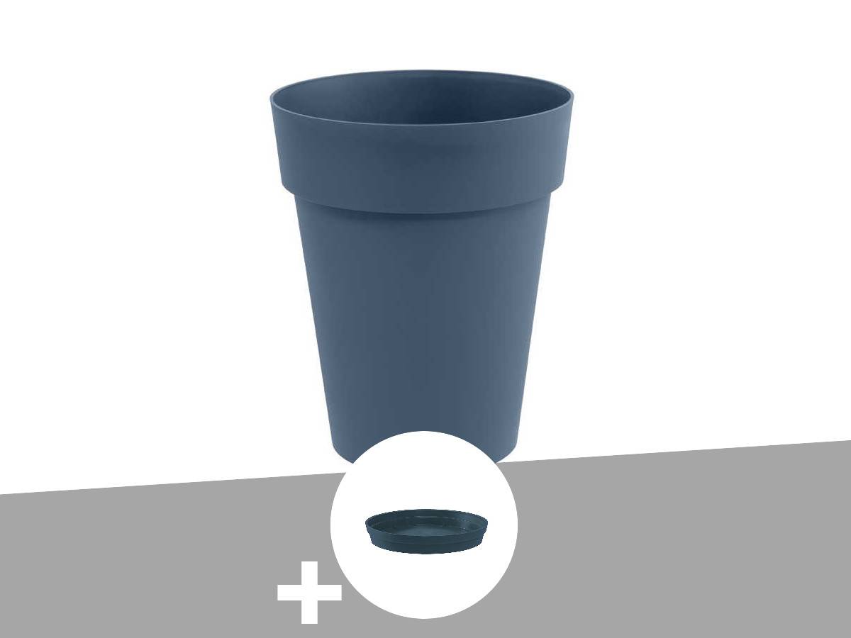 Eda - Pot de fleur rond Toscane Ø 44 x H.53 cm Bleu jean + Soucoupe - Eda