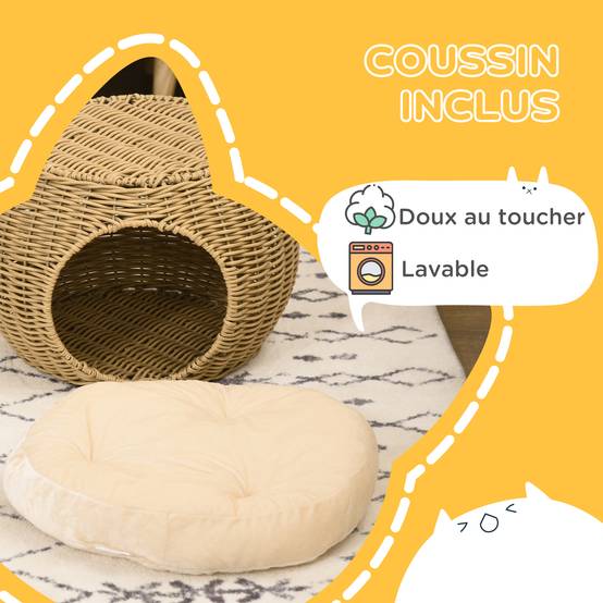 Niche panier maison pour chat 2 niveaux en résine tressée aspect rotin avec 1 coussin doux Ø 40 x 30 cm marron clair - Image 8