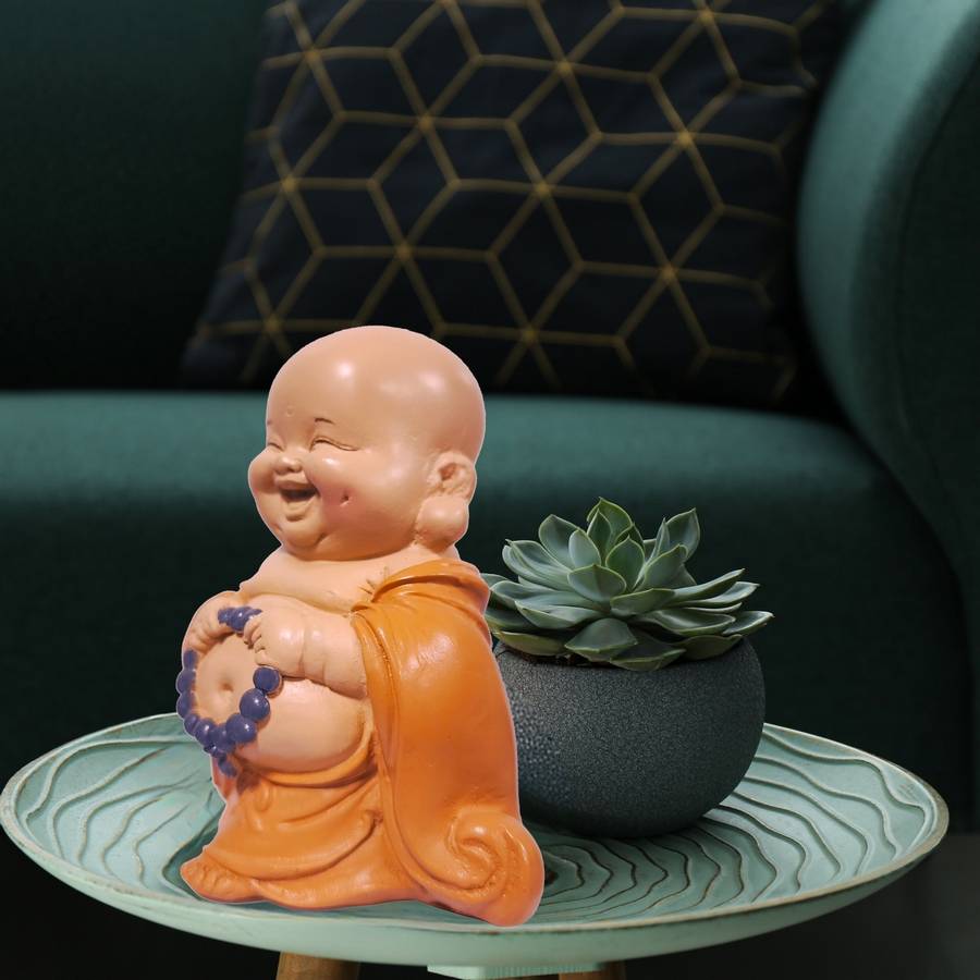 Série De 6 Statuettes Bouddha Porte-bonheur - Couleurs Orange Et Vert, Neuves Avec étiquettes