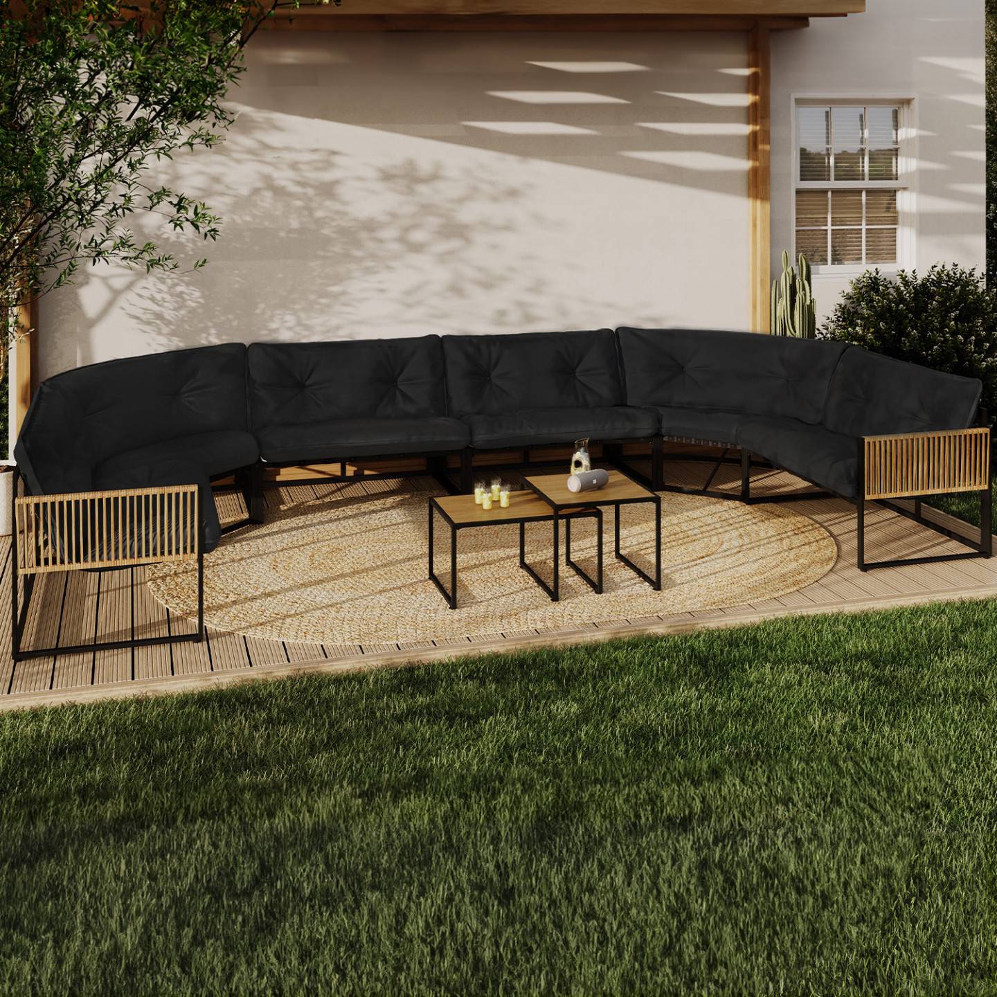 IDMARKET - Salon de jardin bas RIO 12 places salon d'angle structure métal noir et cordage effet rotin avec coussins noirs - Image 1