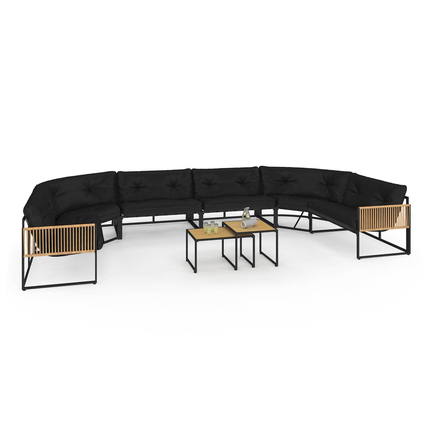 IDMARKET - Salon de jardin bas RIO 12 places salon d'angle structure métal noir et cordage effet rotin avec coussins noirs - Image 2