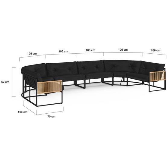 IDMARKET - Salon de jardin bas RIO 12 places salon d'angle structure métal noir et cordage effet rotin avec coussins noirs - Image 3
