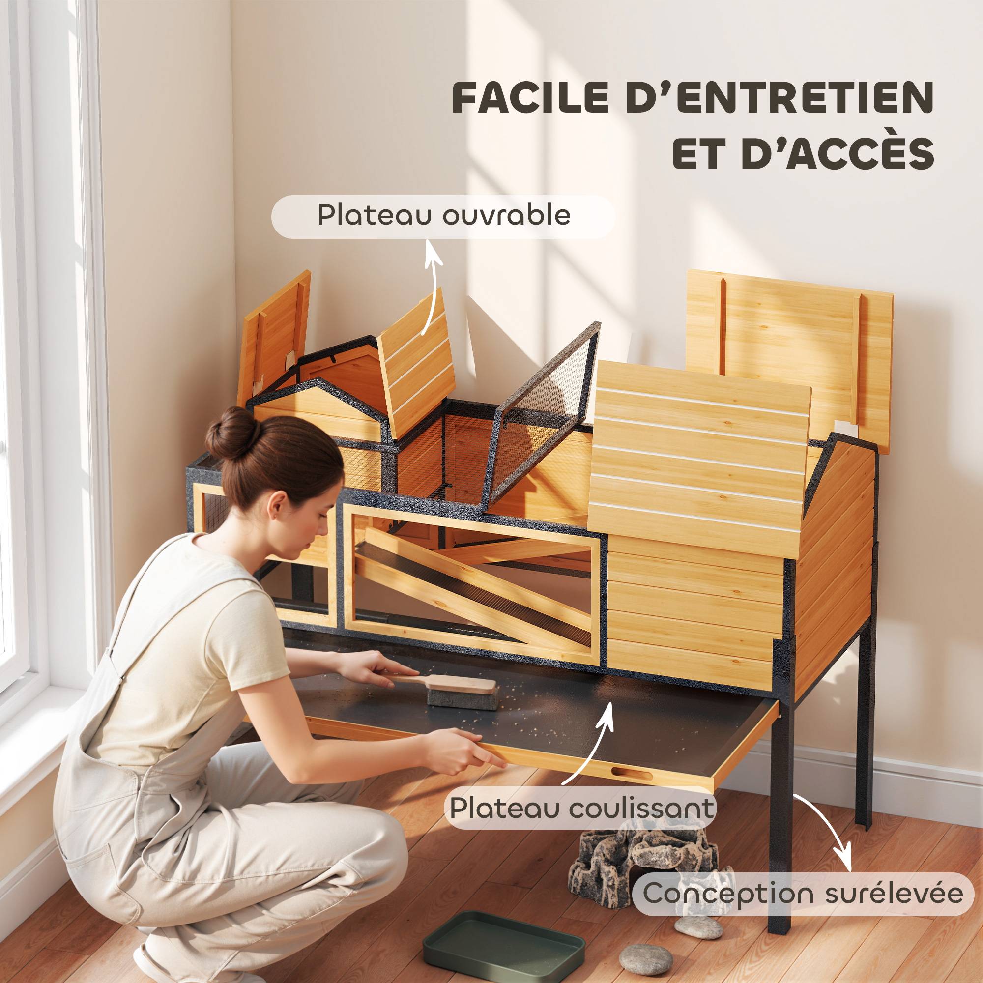 ComfortXL - Maison surélevée pour tortues en bois de sapin et acier jaune 128 x 63 x 96 cm à 2 niveaux avec toit ouvrant - Image 6