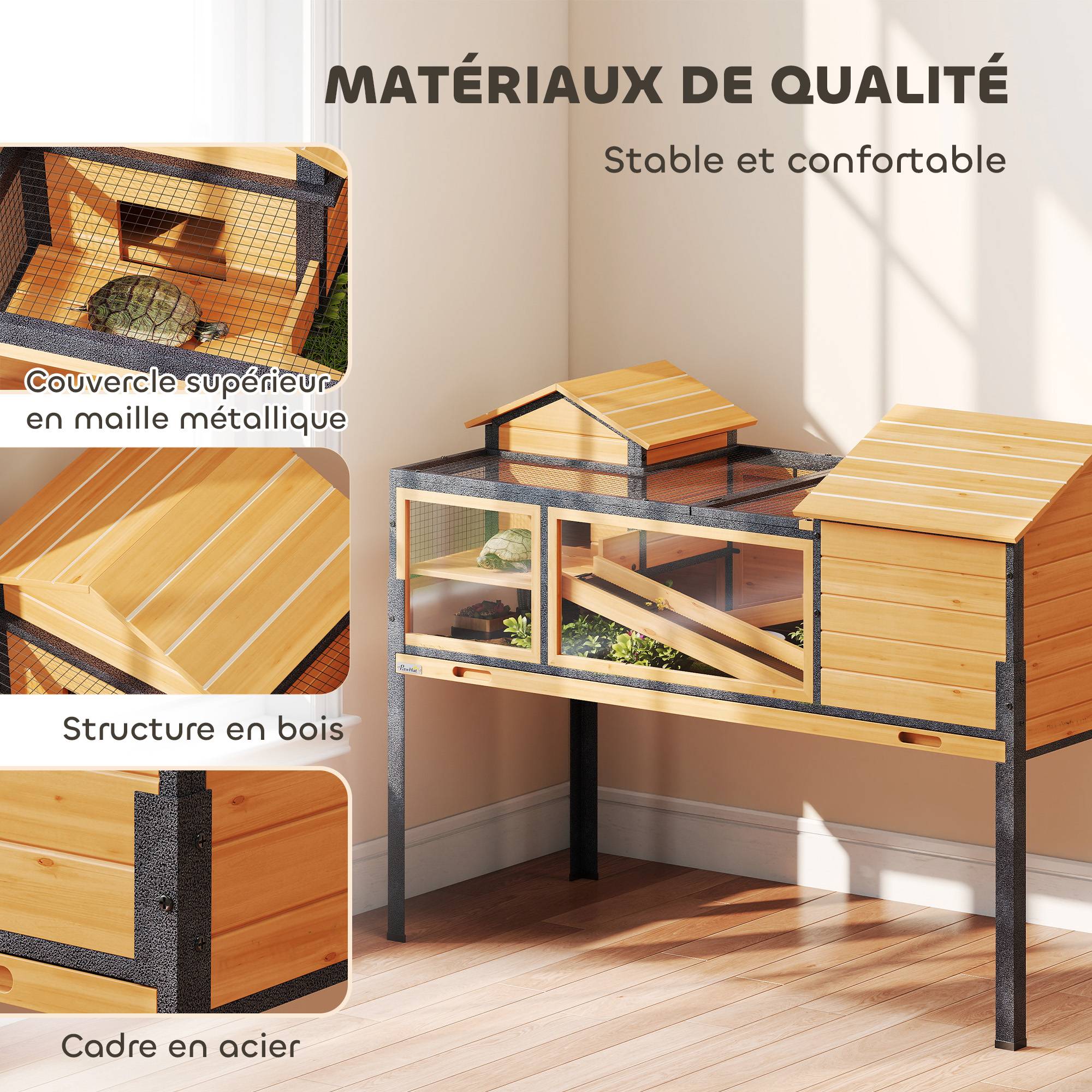 ComfortXL - Maison surélevée pour tortues en bois de sapin et acier jaune 128 x 63 x 96 cm à 2 niveaux avec toit ouvrant - Image 7
