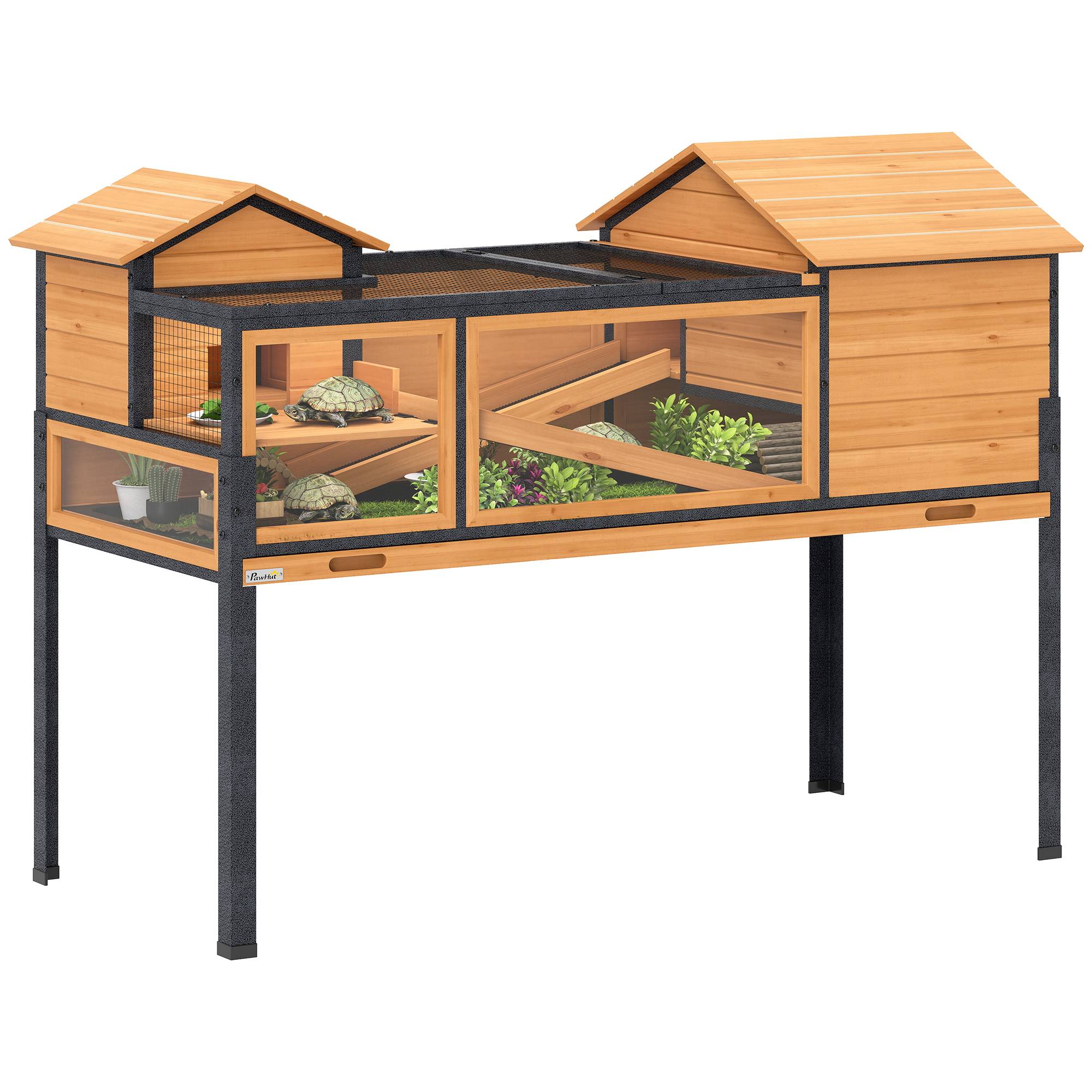 ComfortXL - Maison surélevée pour tortues en bois de sapin et acier jaune 128 x 63 x 96 cm à 2 niveaux avec toit ouvrant - Image 2