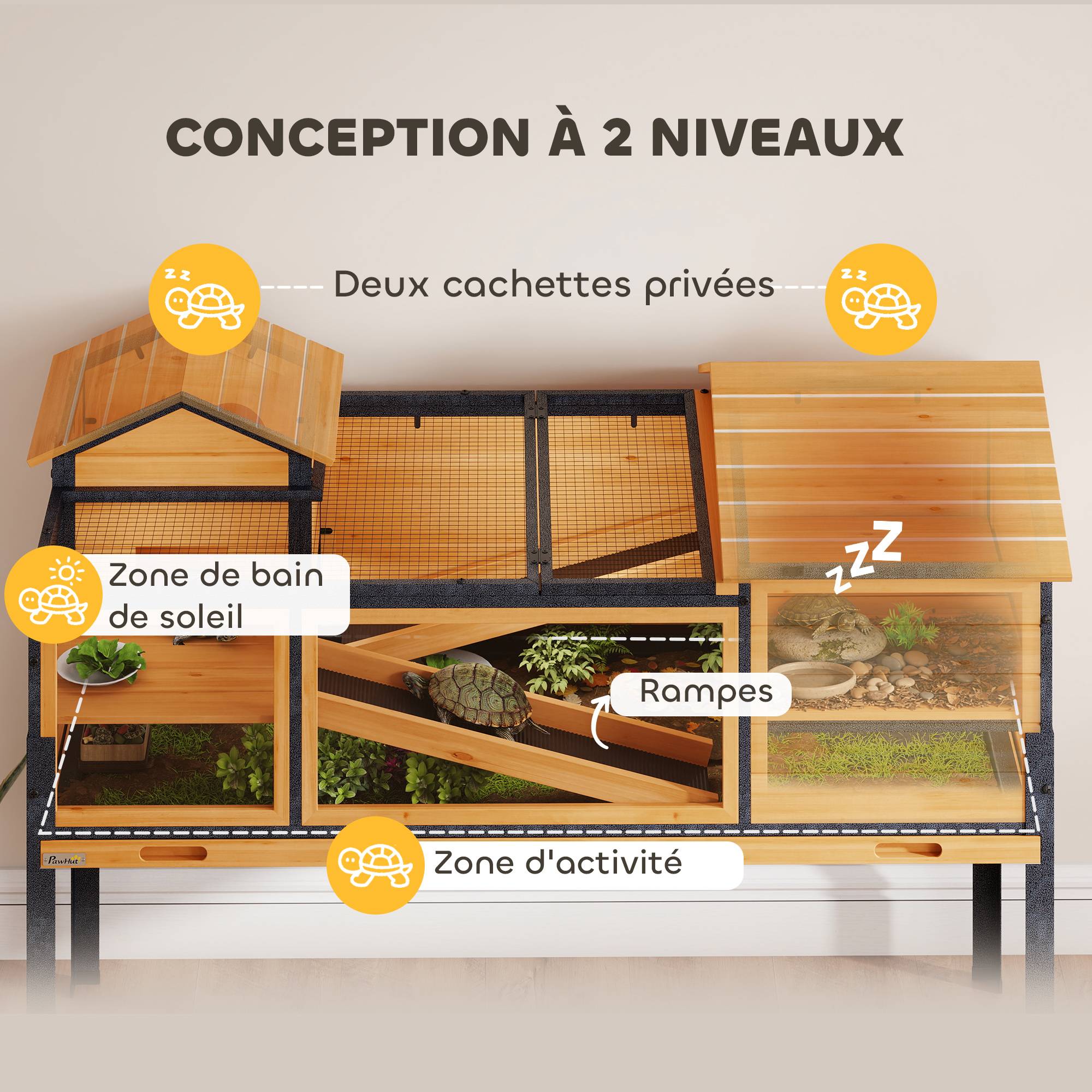 ComfortXL - Maison surélevée pour tortues en bois de sapin et acier jaune 128 x 63 x 96 cm à 2 niveaux avec toit ouvrant - Image 4