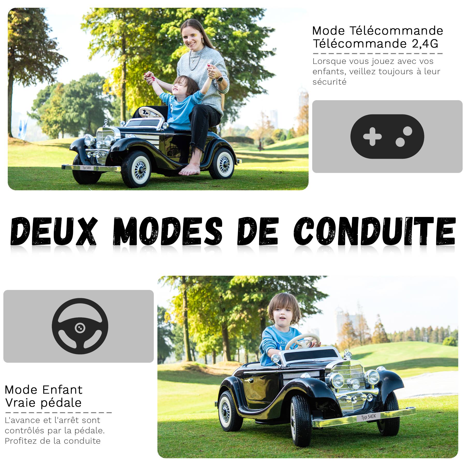 0 - Voiture électrique rétro pour enfants - ORYXEARTH - Noir - Batterie 12V - Vitesse 3-6 km/h - Image 3