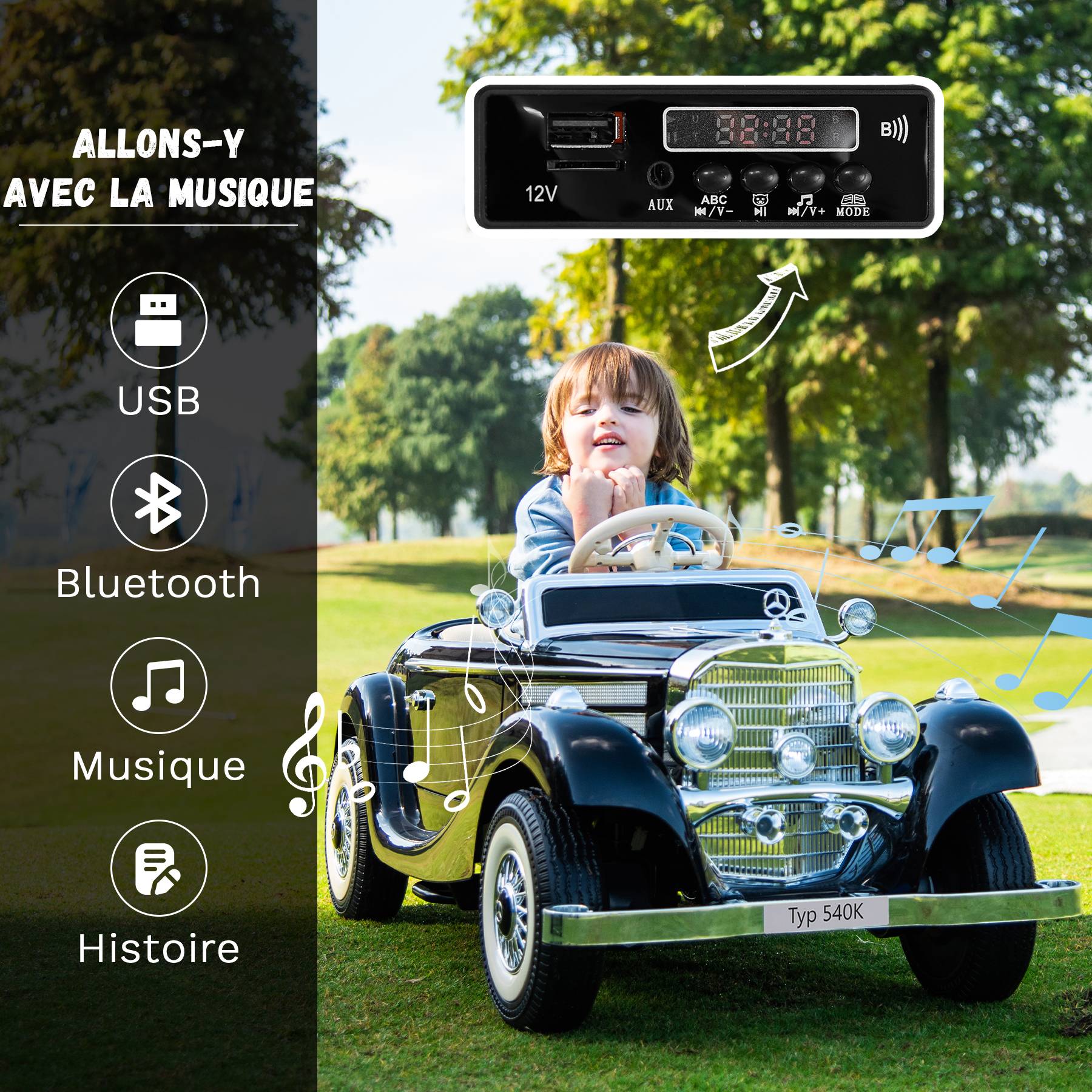 0 - Voiture électrique rétro pour enfants - ORYXEARTH - Noir - Batterie 12V - Vitesse 3-6 km/h - Image 5