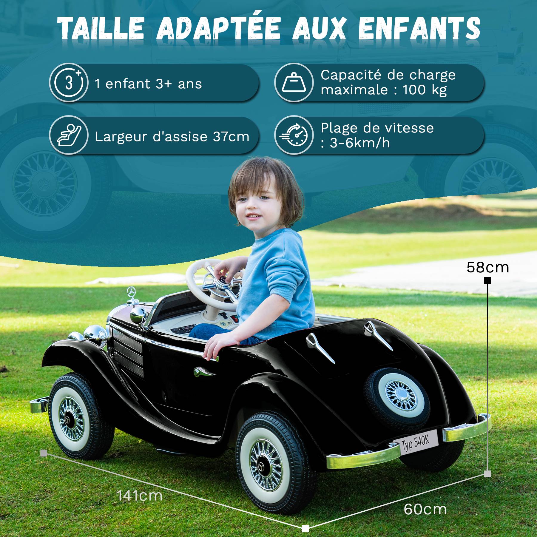 0 - Voiture électrique rétro pour enfants - ORYXEARTH - Noir - Batterie 12V - Vitesse 3-6 km/h - Image 6