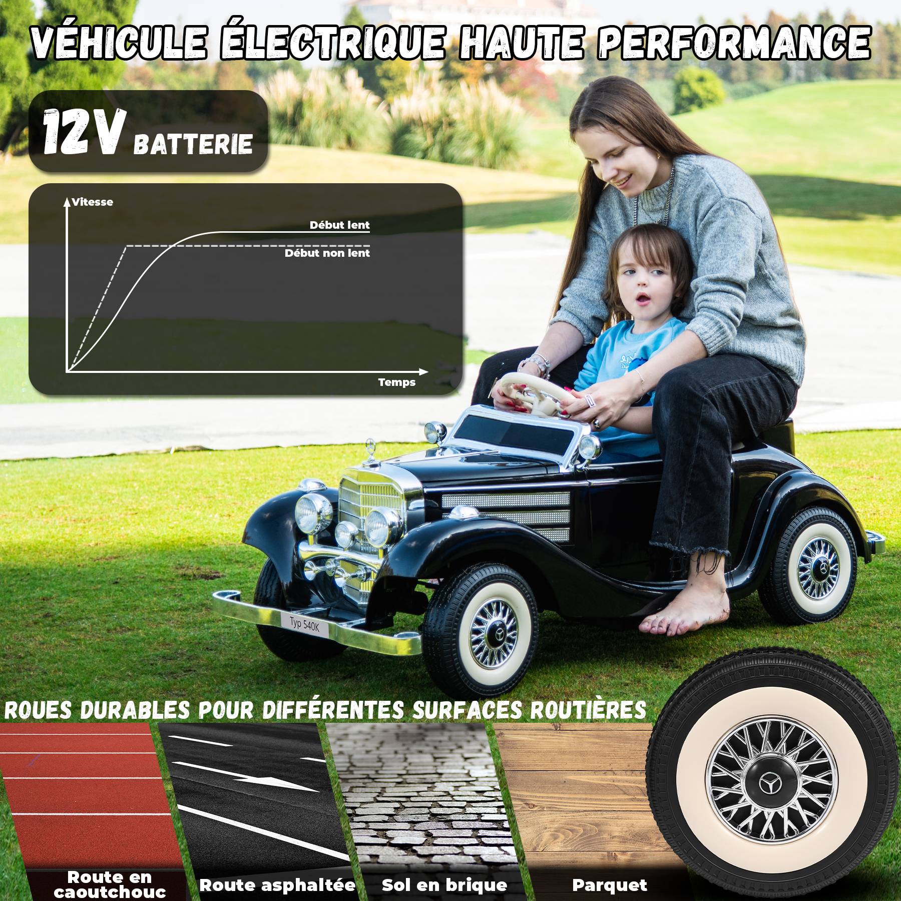 0 - Voiture électrique rétro pour enfants - ORYXEARTH - Noir - Batterie 12V - Vitesse 3-6 km/h - Image 7