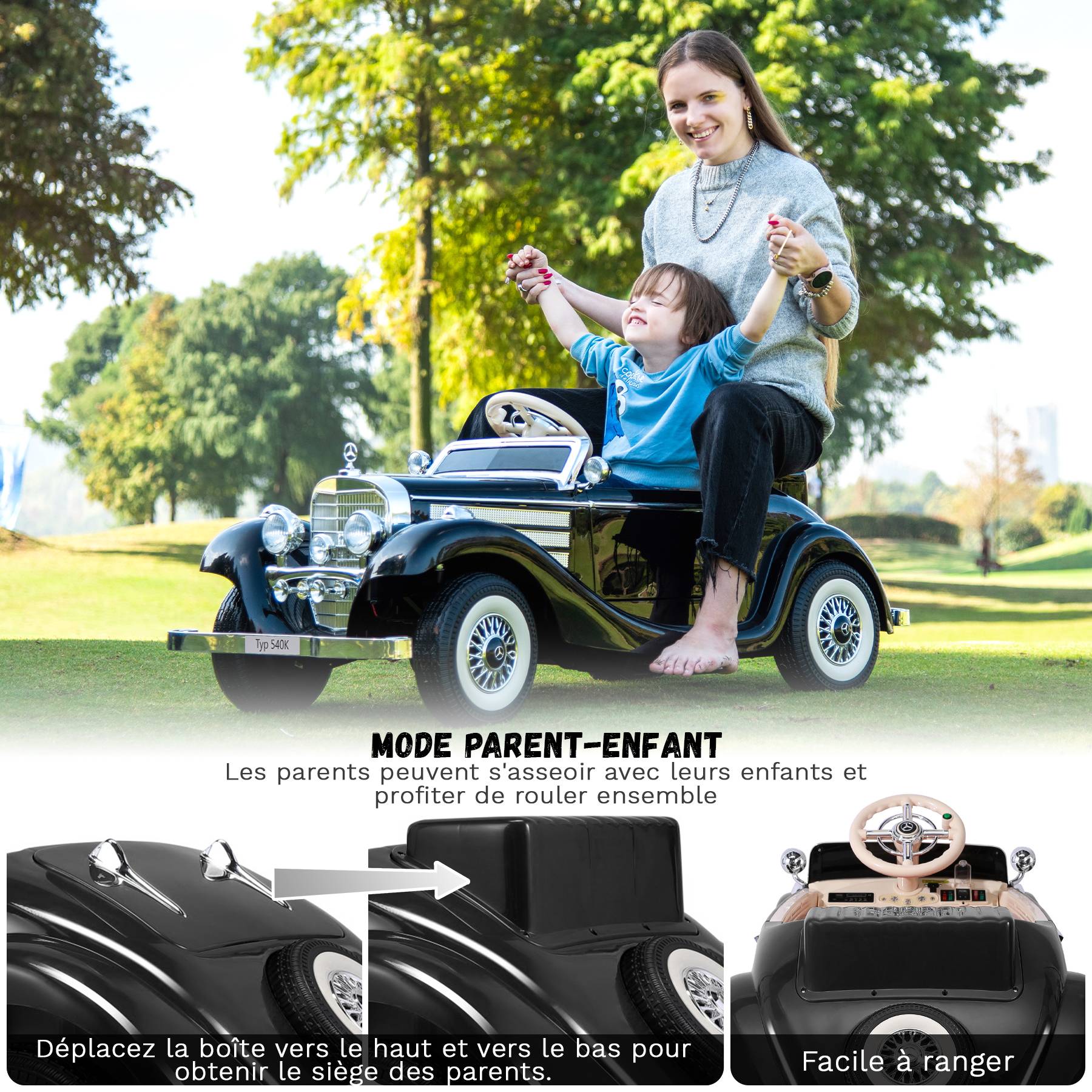 0 - Voiture électrique rétro pour enfants - ORYXEARTH - Noir - Batterie 12V - Vitesse 3-6 km/h - Image 4