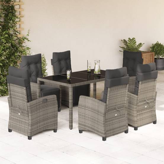 ComfortXL - Table et 6 Chaises Longues de Jardin Grises en Résine Tressée, Fauteuils Inclinables avec Repose-pieds – ComfortXL Outdoor Living - Image 1