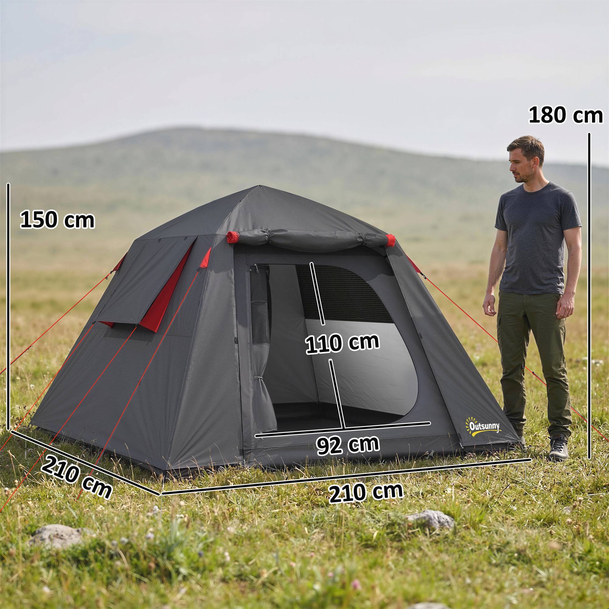 ComfortXL - Tente dôme polyester 2 personnes camping imperméable 3000 mm 210 x 210 cm gris - ComfortXL Outdoor Living - Image 5