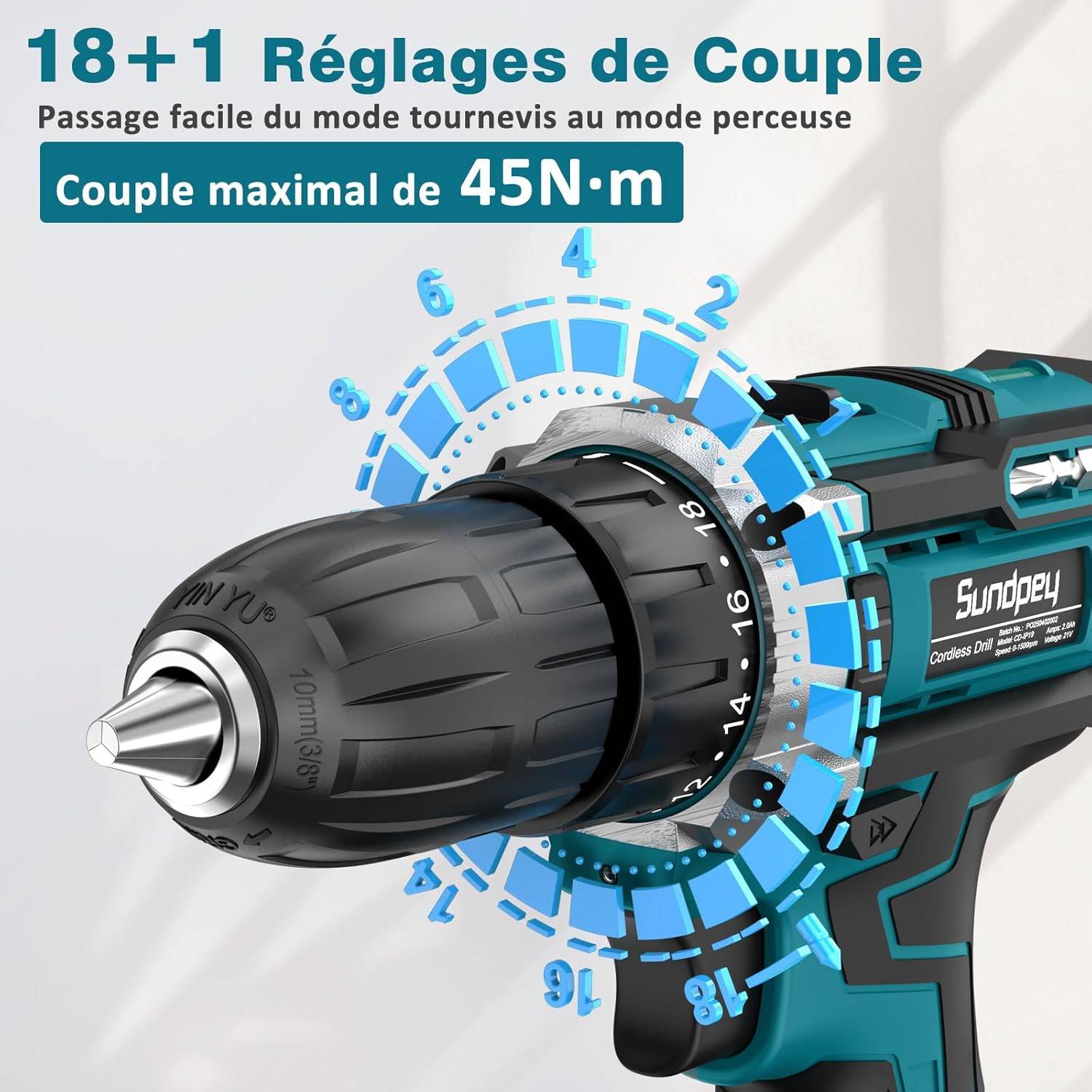 Tournevis sans fil 21 V - Perceuse sans fil avec 2 batteries Sundpey - Image 3