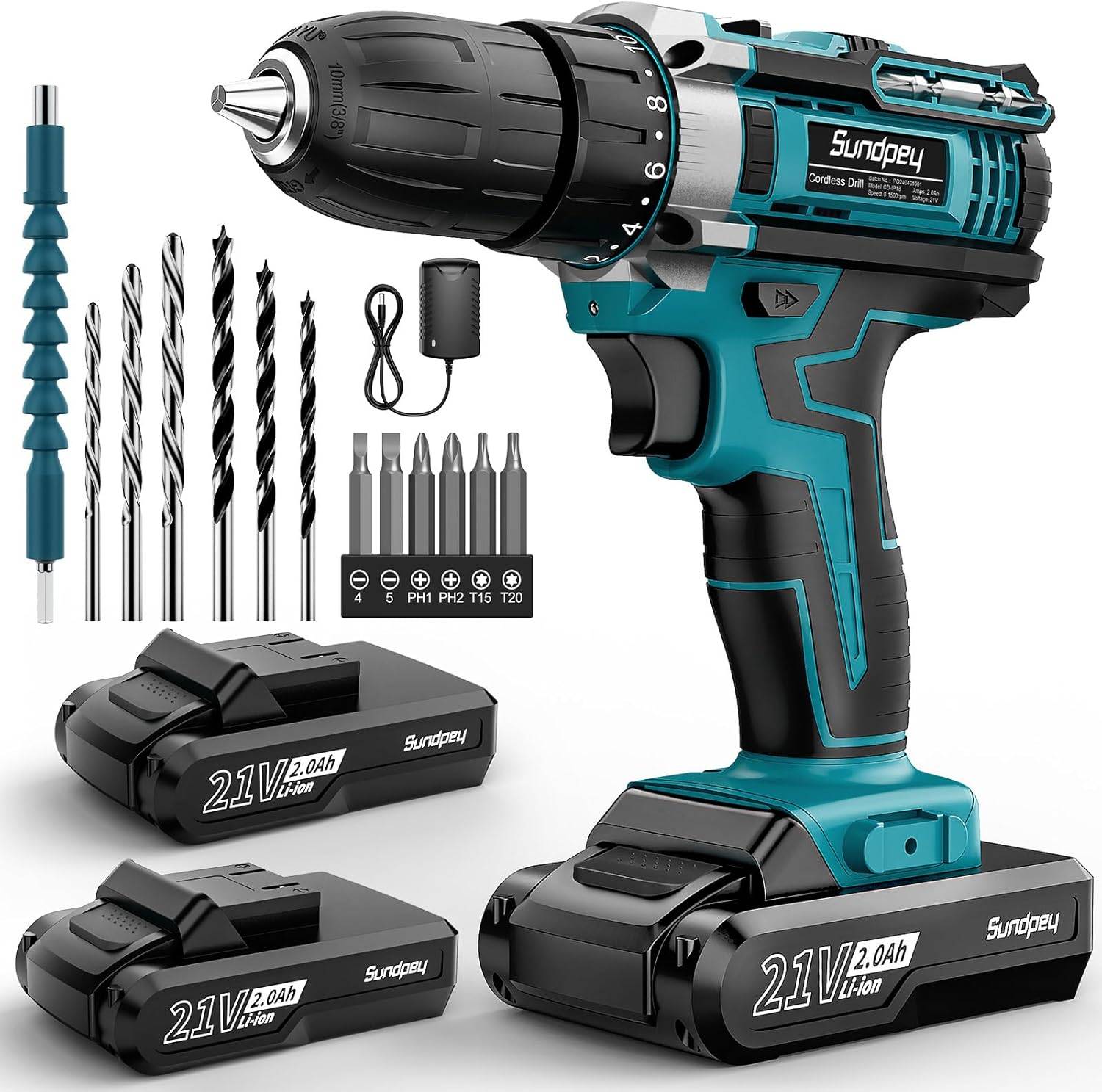Tournevis sans fil 21 V - Perceuse sans fil avec 2 batteries  Sundpey - Image 1