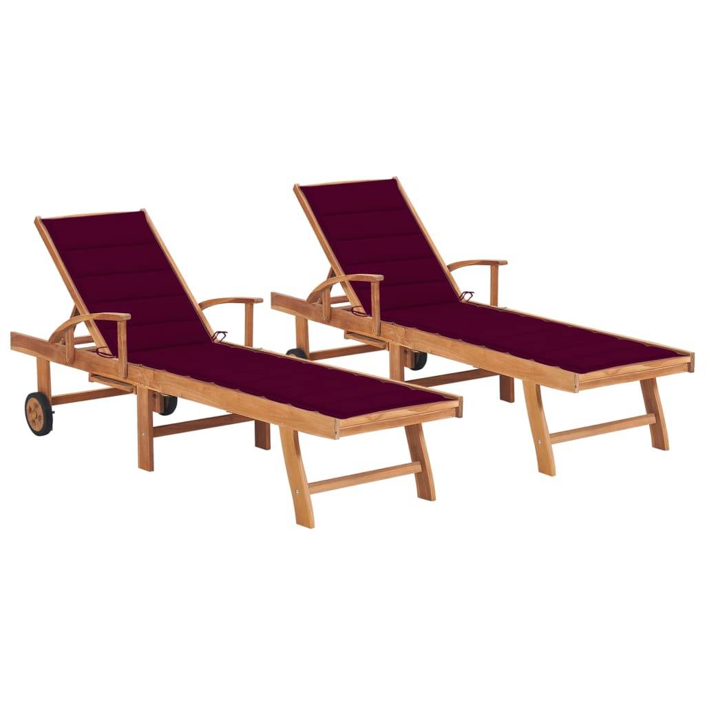 Helloshop26 - Lot de 2 transats chaise longue bain de soleil lit de jardin terrasse meuble d'extérieur 195 cm avec coussin rouge bordeaux teck solide - Image 1