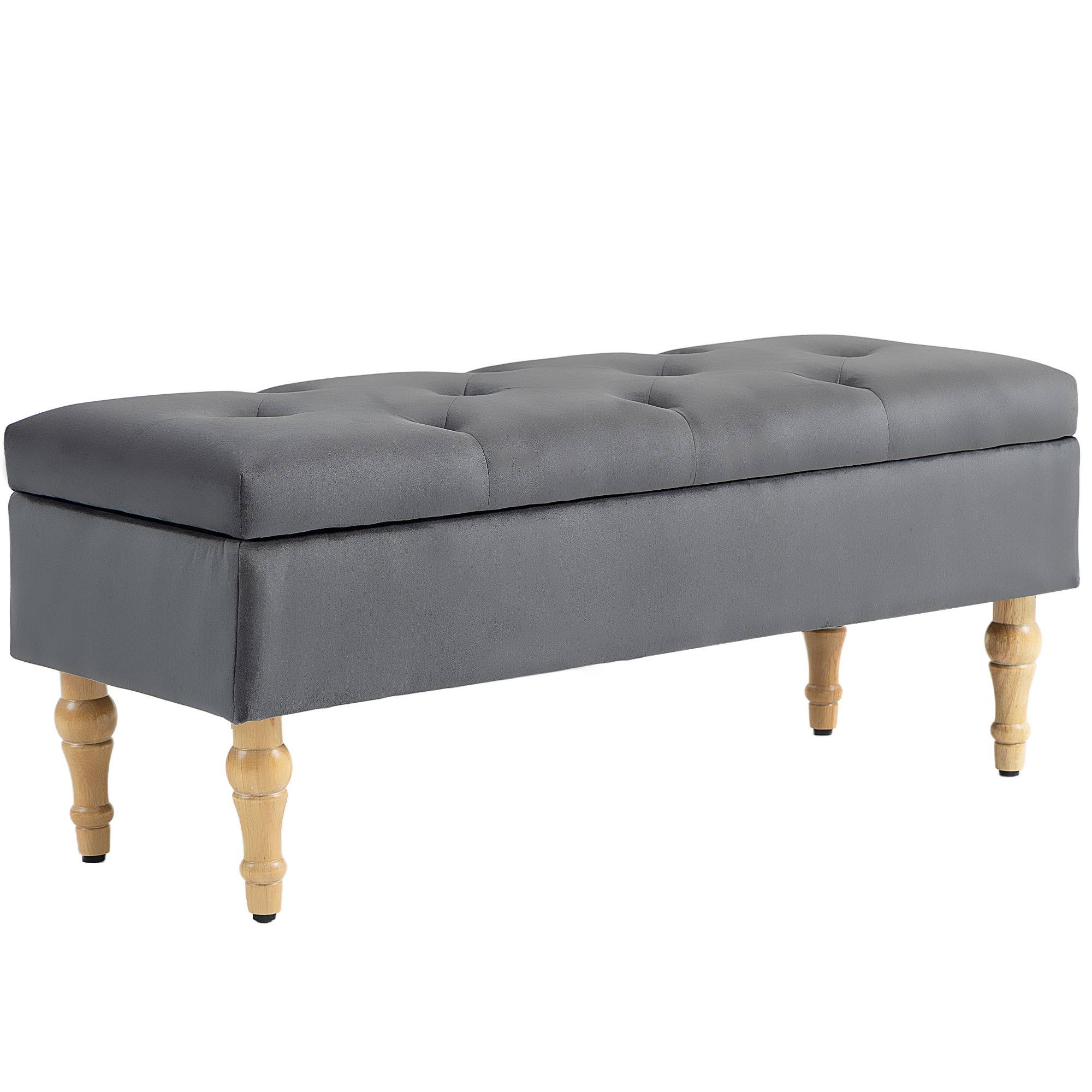 Banc coffre de rangement 2 en 1 banquette en velours avec couvercle à charnière capitonné et pieds en bois, gris foncé - Image 1