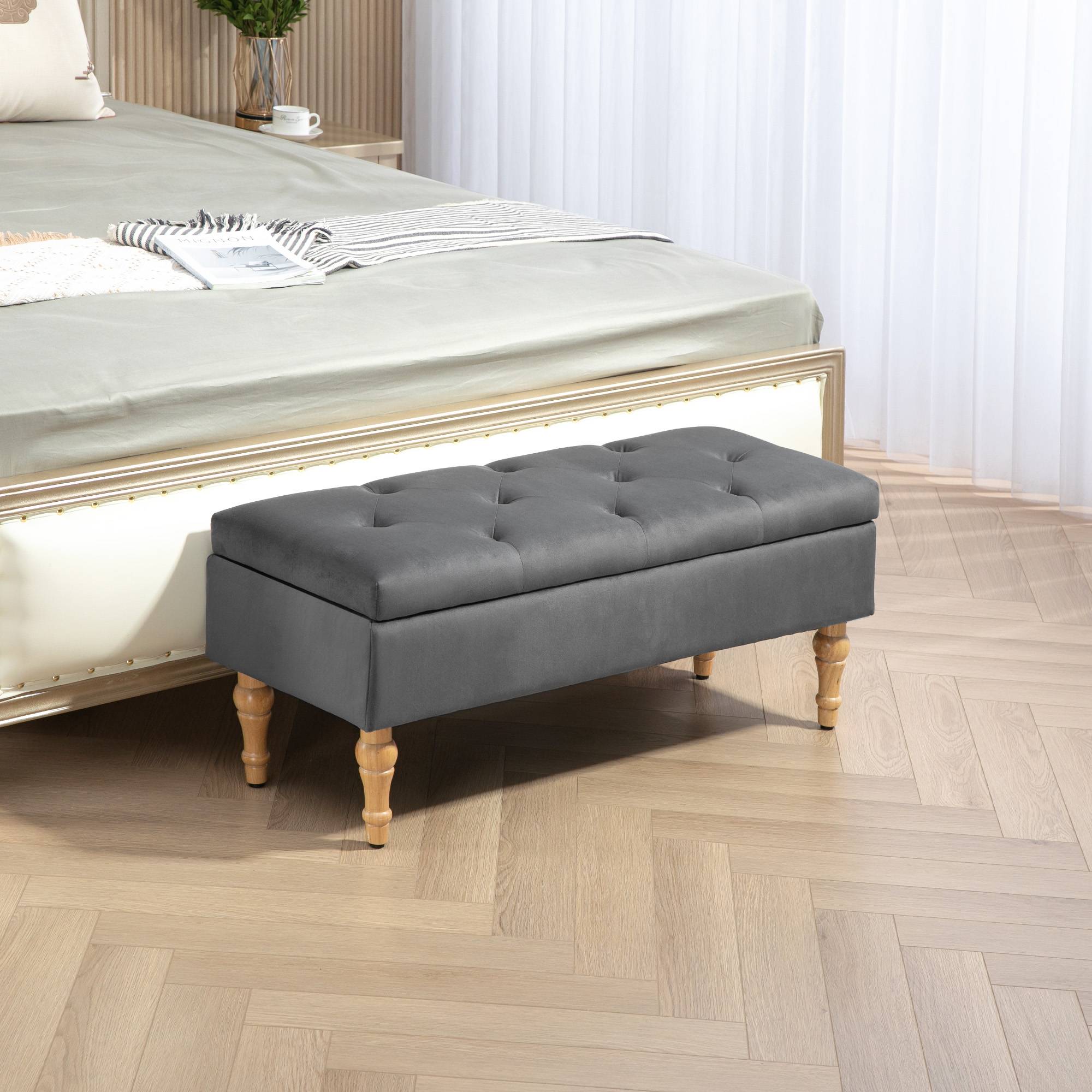 Banc coffre de rangement 2 en 1 banquette en velours avec couvercle à charnière capitonné et pieds en bois, gris foncé - Image 4