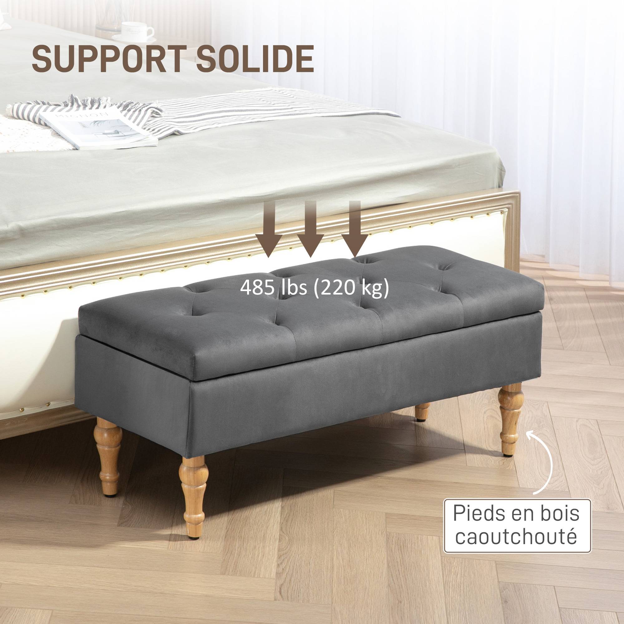 Banc coffre de rangement 2 en 1 banquette en velours avec couvercle à charnière capitonné et pieds en bois, gris foncé - Image 9