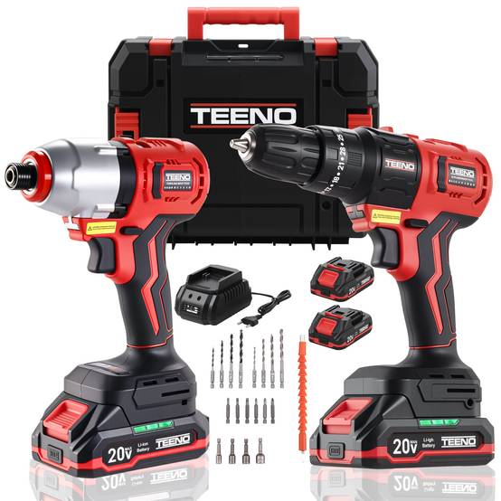 Teeno - Ensemble d'outils électriques sans fil 20 V, comprenant une perceuse à percussion 1450 tr/min et une clé à chocs 3300 tr/min, moteur sans balais, - Image 1
