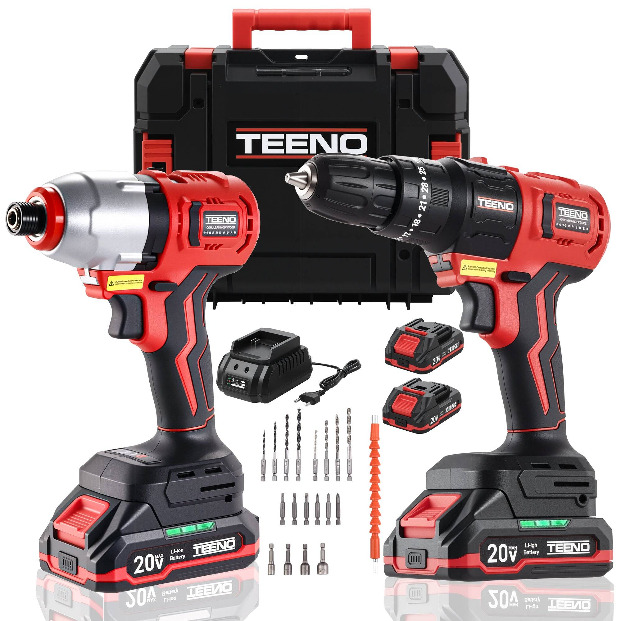 Teeno - Ensemble d'outils électriques sans fil 20 V, comprenant une perceuse à percussion 1450 tr/min et une clé à chocs 3300 tr/min, moteur sans balais, - Image 1