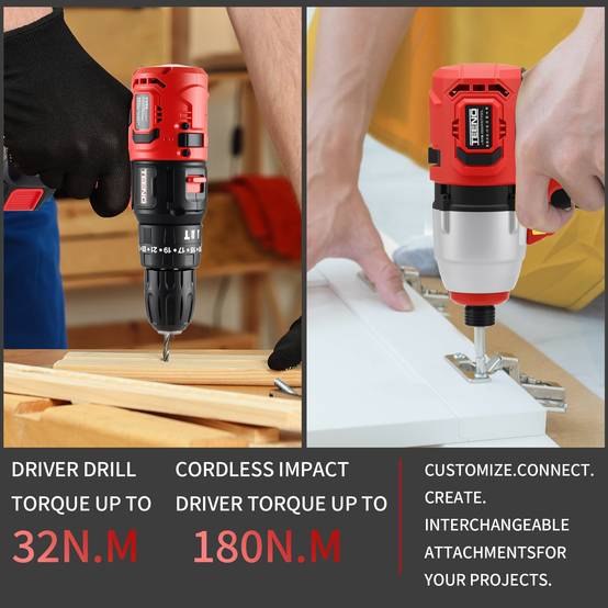 Teeno - Ensemble d'outils électriques sans fil 20 V, comprenant une perceuse à percussion 1450 tr/min et une clé à chocs 3300 tr/min, moteur sans balais, - Image 6