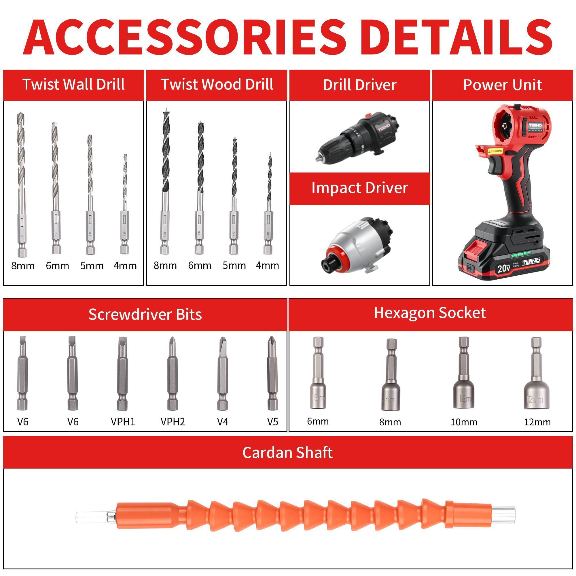 Teeno - Ensemble d'outils électriques sans fil 20 V, comprenant une perceuse à percussion 1450 tr/min et une clé à chocs 3300 tr/min, moteur sans balais, - Image 2
