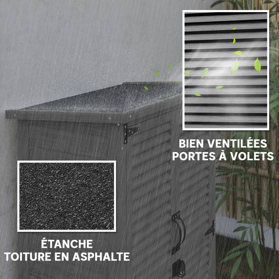 Remise à outils bois 2 étagères toit bitumé portes lamelles verrouillables 75 x 50 x 118cm gris - Image 7
