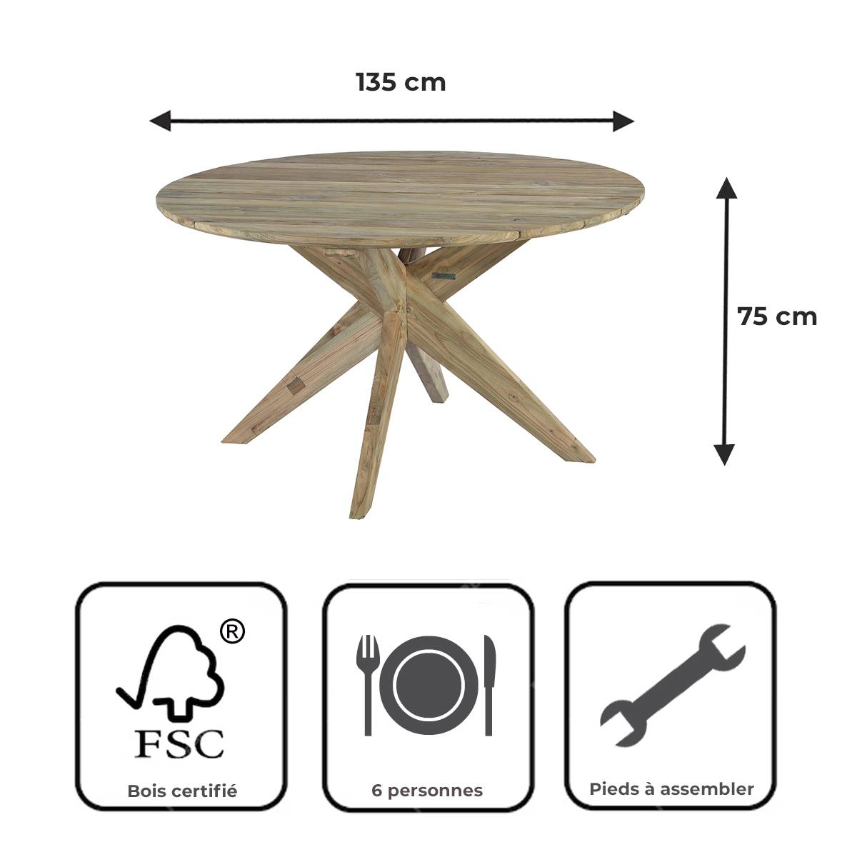 Gecko Jardin - Table ronde en teck recyclé D 135 cm Sakai - Gecko Jardin - Image 9