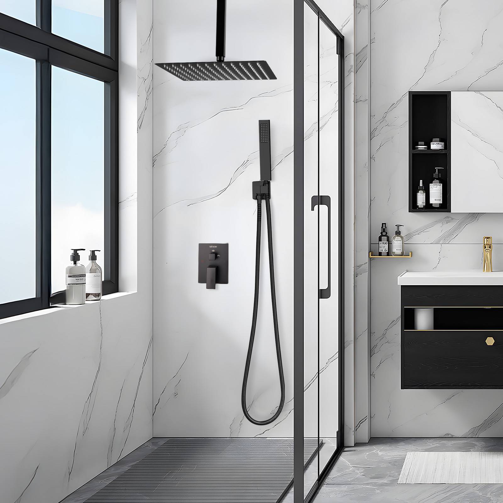 VEVOR Kit Robinet de Douche avec Douchette de Tête 30,5 cm et à Main Noir Mat - Image 8