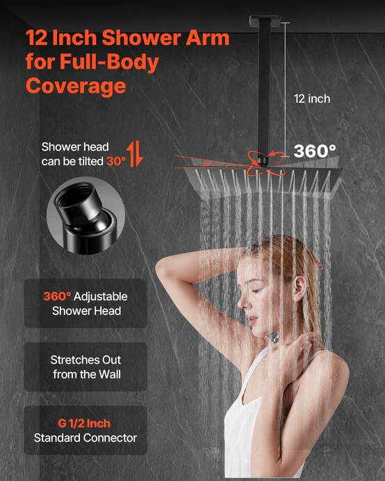 VEVOR Kit Robinet de Douche avec Douchette de Tête 30,5 cm et à Main Noir Mat - Image 4