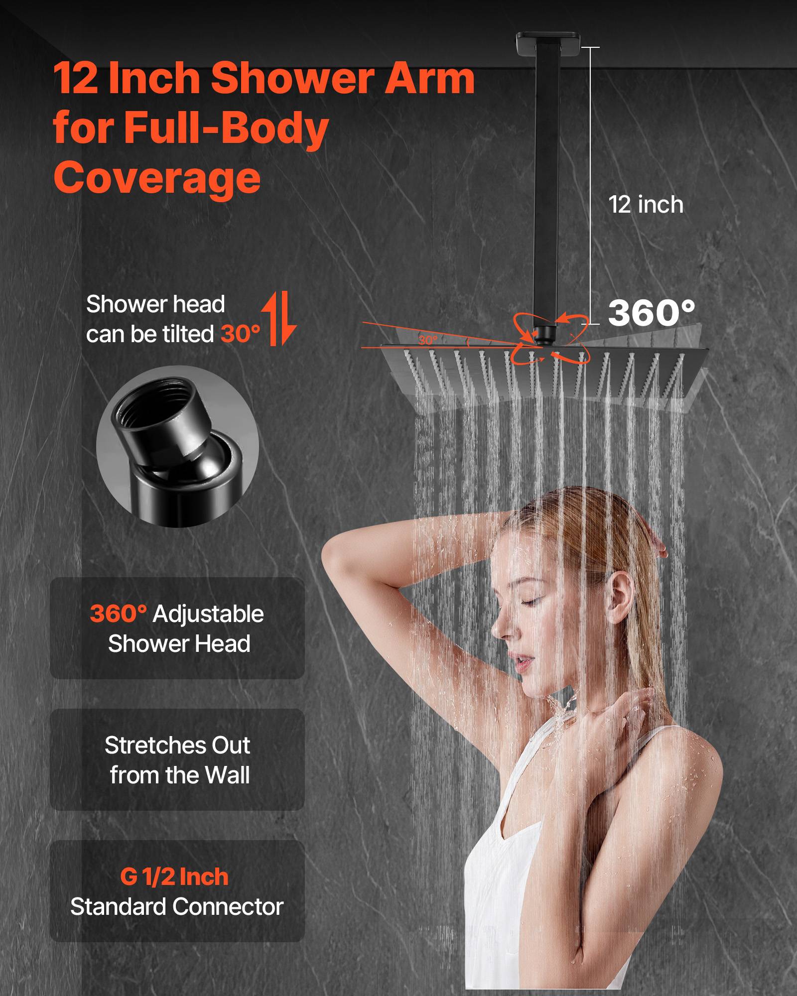 VEVOR Kit Robinet de Douche avec Douchette de Tête 30,5 cm et à Main Noir Mat - Image 4