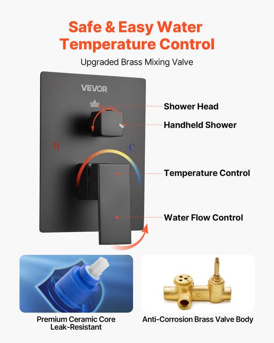 VEVOR Kit Robinet de Douche avec Douchette de Tête 30,5 cm et à Main Noir Mat - Image 5