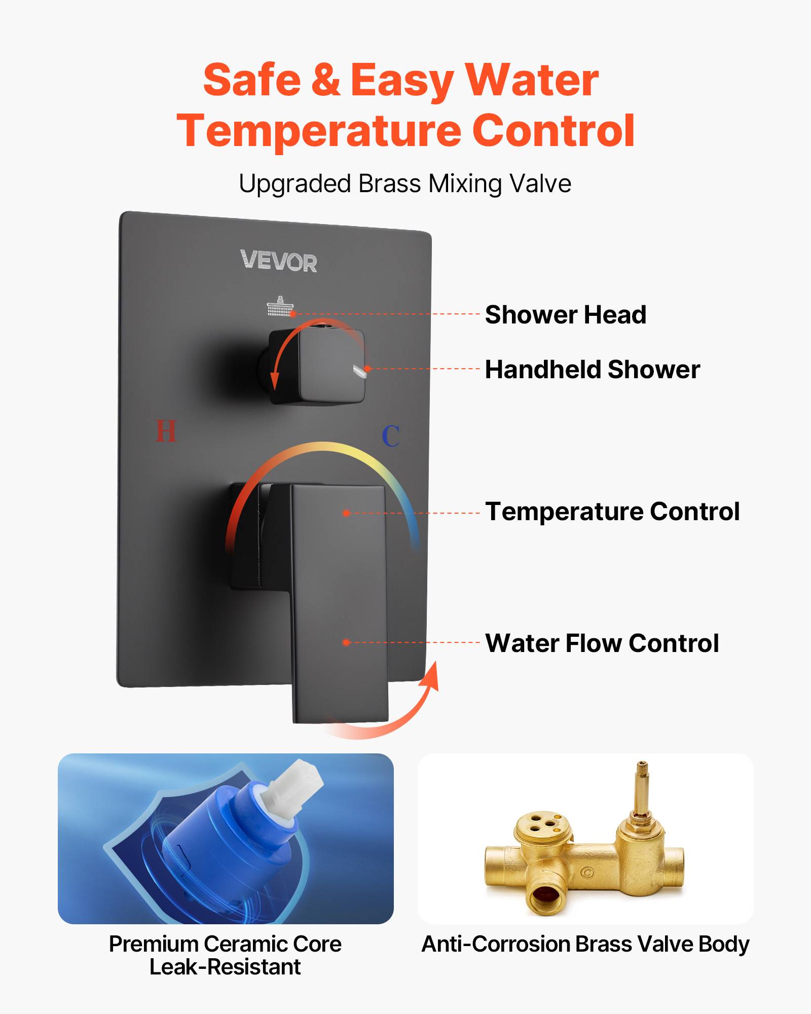 VEVOR Kit Robinet de Douche avec Douchette de Tête 30,5 cm et à Main Noir Mat - Image 5