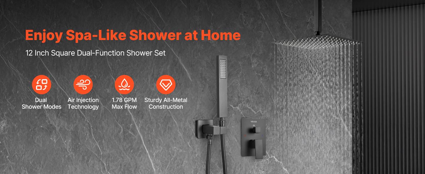 VEVOR Kit Robinet de Douche avec Douchette de Tête 30,5 cm et à Main Noir Mat - Image 9