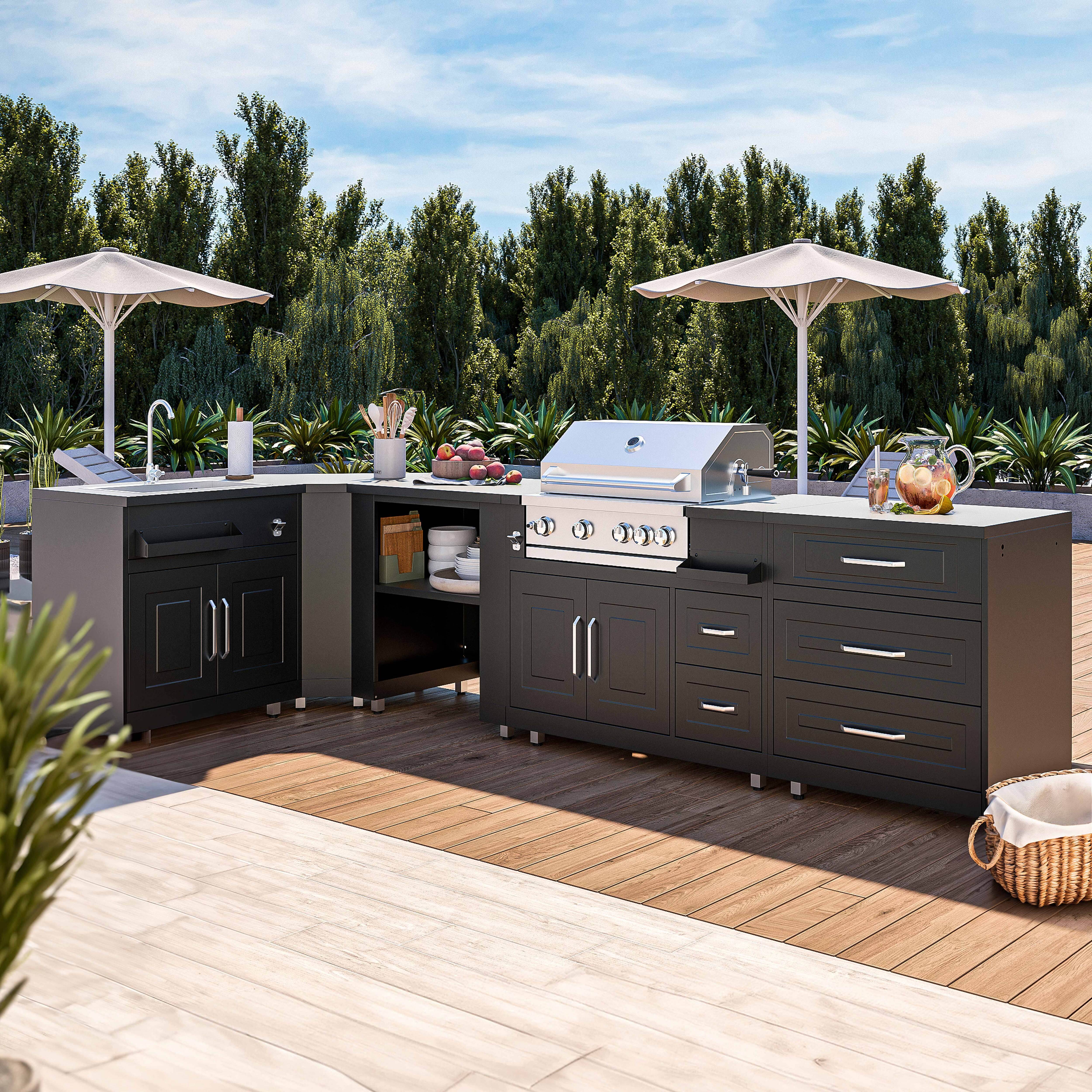 Oviala - Cuisine d'extérieur angle 5 éléments avec évier et barbecue Memphis - Oviala - Image 1