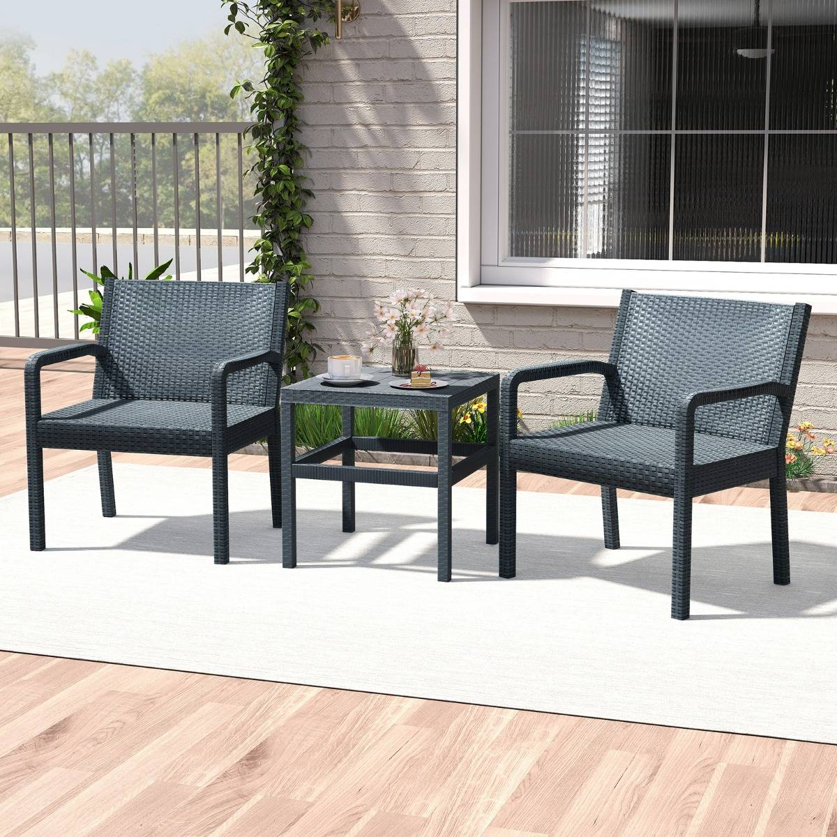 Ensemble de Meubles 3 Pièces de Patio en Rotin Salon de Jardin Extérieur - 2 Fauteuils Table d'Appoint Carrée Gris MAISON CHIC - Image 4