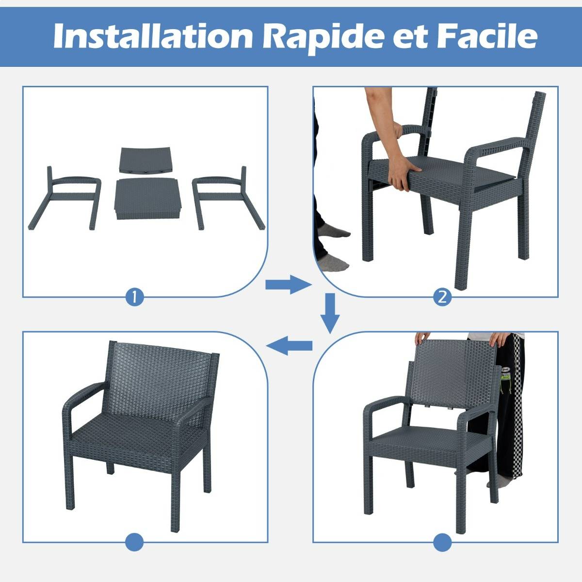 Ensemble de Meubles 3 Pièces de Patio en Rotin Salon de Jardin Extérieur - 2 Fauteuils Table d'Appoint Carrée Gris MAISON CHIC - Image 8