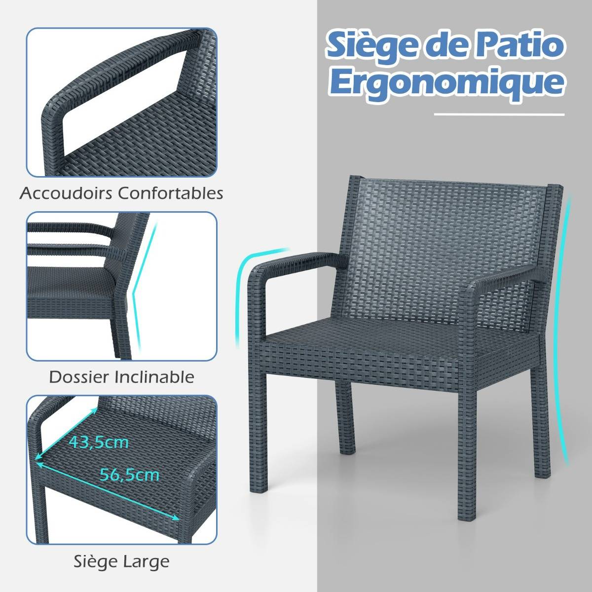 Ensemble de Meubles 3 Pièces de Patio en Rotin Salon de Jardin Extérieur - 2 Fauteuils Table d'Appoint Carrée Gris MAISON CHIC - Image 7