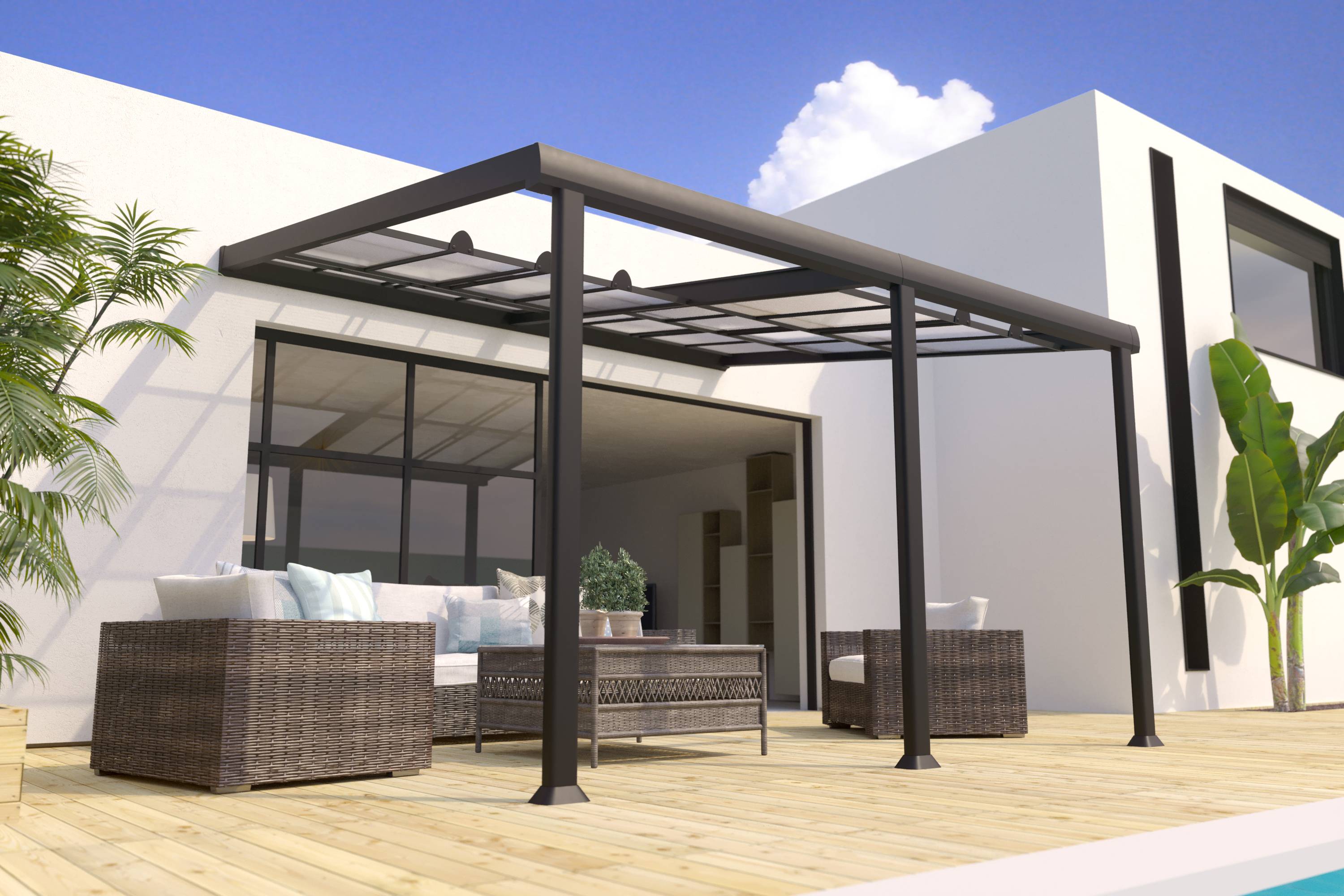Couleurs du monde - Athezza - Pergola adossée en aluminium 3,5x4m et panneaux coulissants polycarbonate - Couleurs du Monde - Image 1