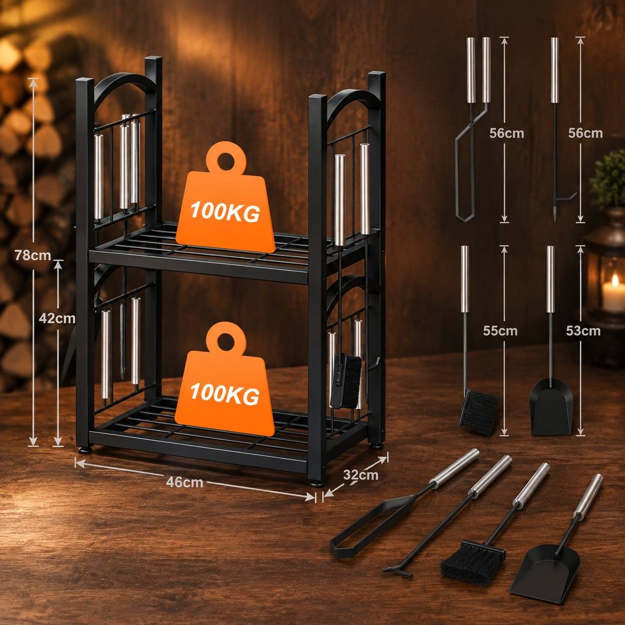 Support de Bûches 2 en 1 Intérieur Extérieur avec Accessoires Poêle - Image 4