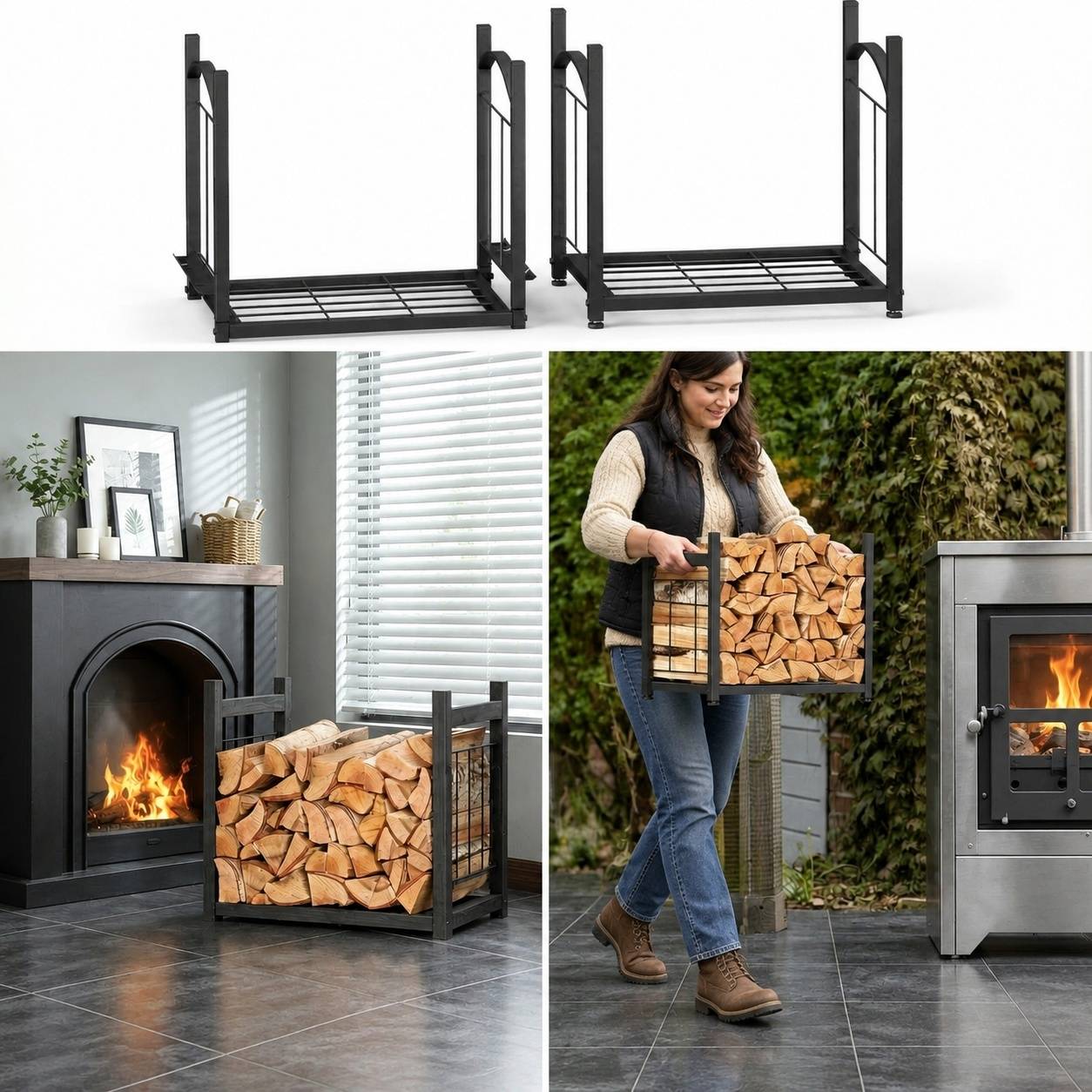 Support de Bûches 2 en 1 Intérieur Extérieur avec Accessoires Poêle - Image 3