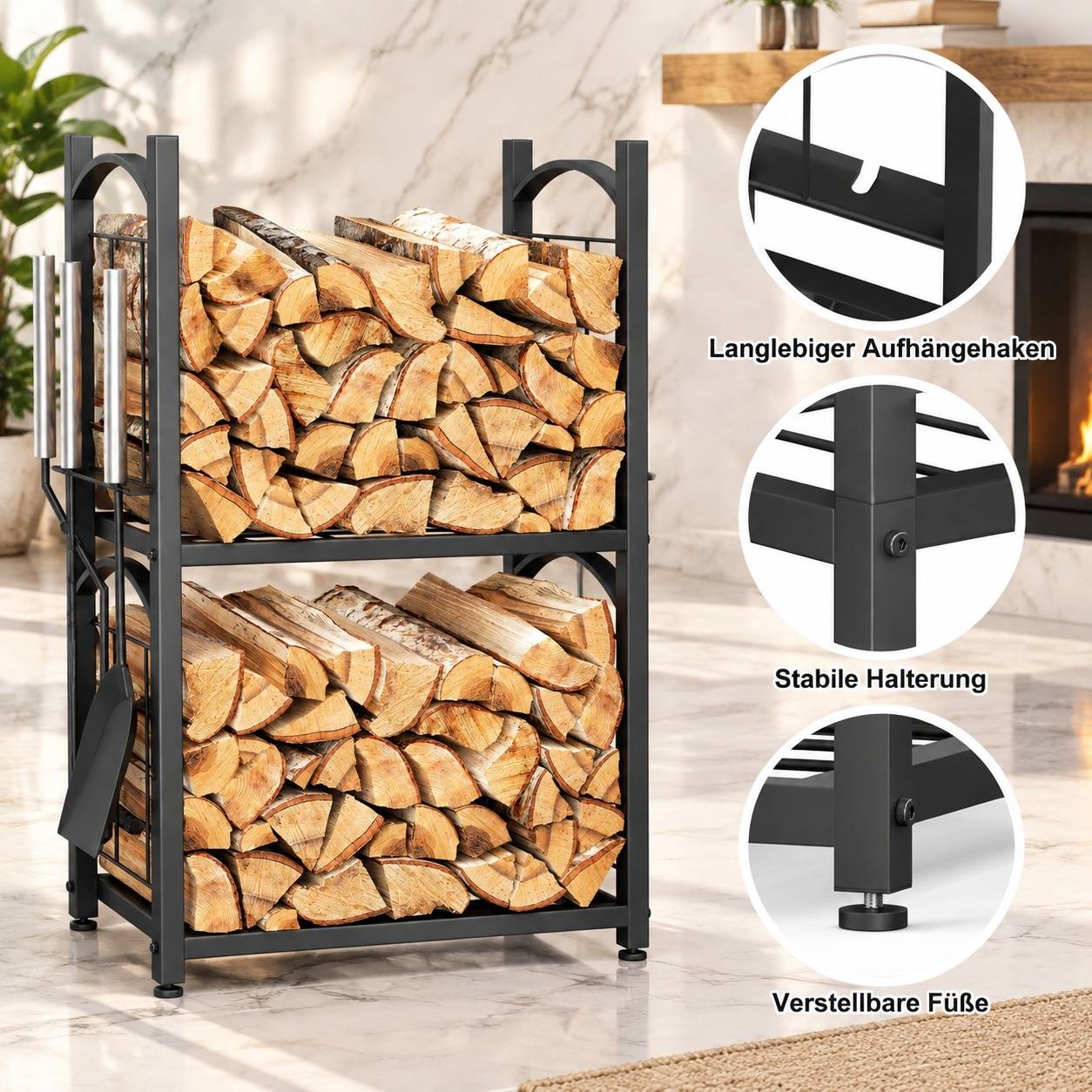Support de Bûches 2 en 1 Intérieur Extérieur avec Accessoires Poêle - Image 5
