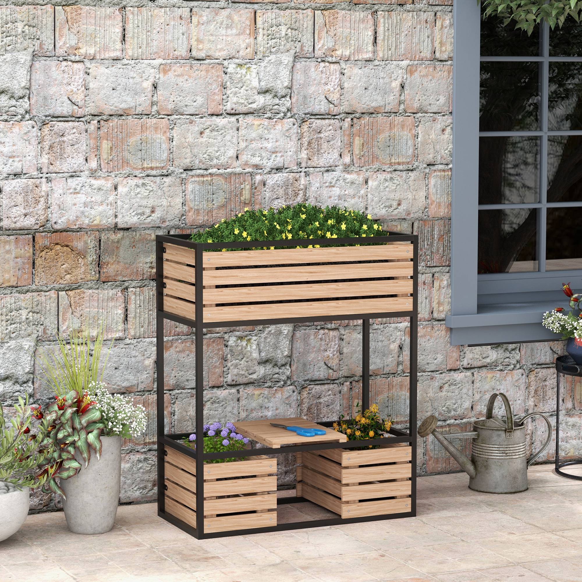 Sans Marque - Jardinière surélevée support fleurs bac 3 bacs 83x39x100 cm naturel/noir - Image 4