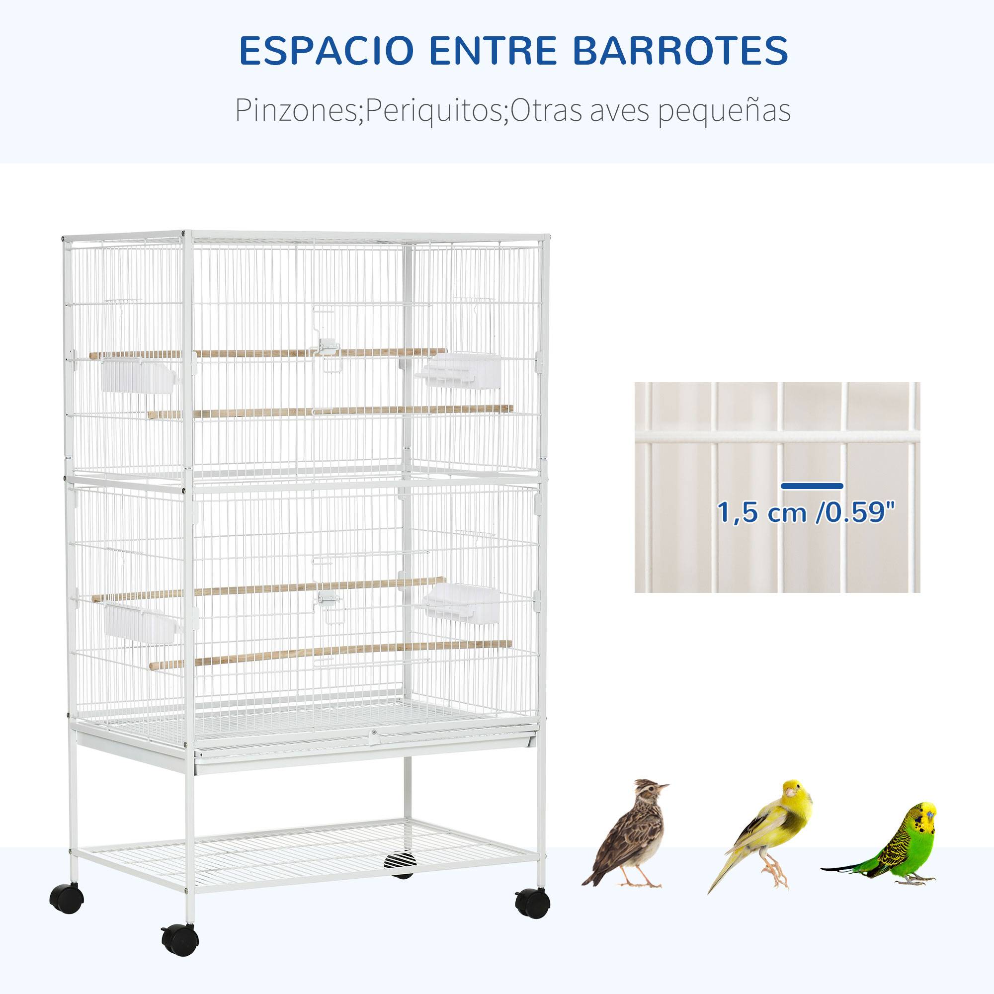 Cage à oiseaux à roulettes 78 x 52 x 132 cm avec plateau et étagère amovibles pour canaris et perruches, blanche - Image 8