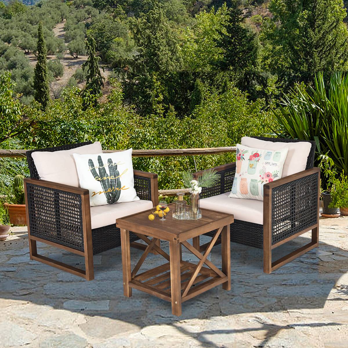 Ensemble Salon de Jardin en Bois d'Acacia Rotin Artisanal Anti-soleil Résistant aux Intempéries pour Porche Balcon Terrasse MAISON CHIC - Image 4