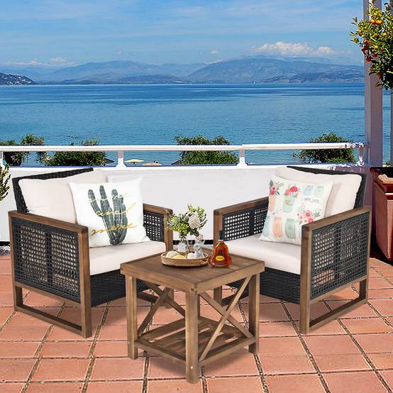 Ensemble Salon de Jardin en Bois d'Acacia Rotin Artisanal Anti-soleil Résistant aux Intempéries pour Porche Balcon Terrasse MAISON CHIC - Image 3